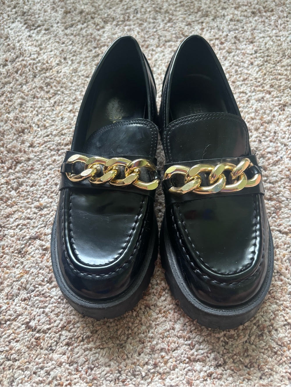 Guess Black Patent Loafers with Gold Chain Detail